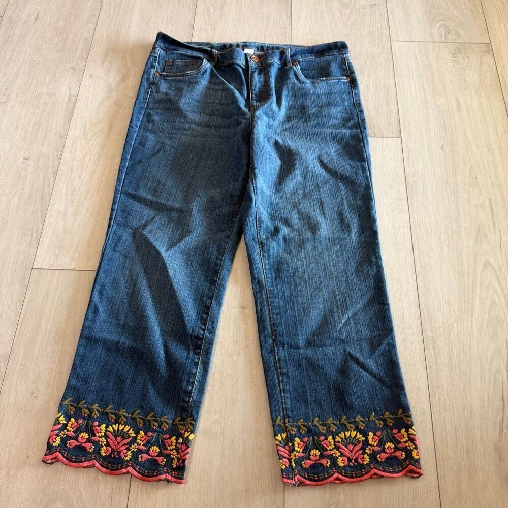 LOFT Dark Blue Wide Leg Jeans with Floral Embroidered Hem